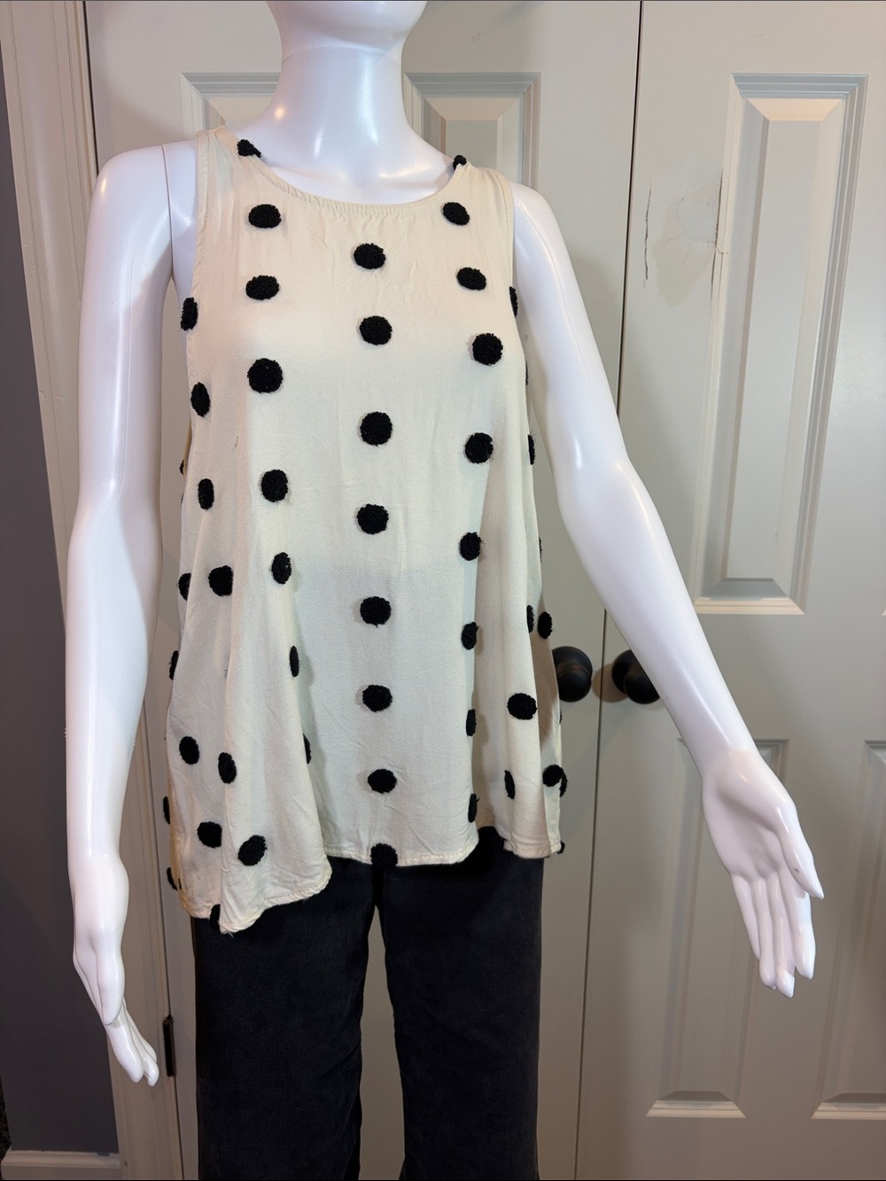 Cream Polka Dot Sleeveless Tank Top - Black Dot Accent